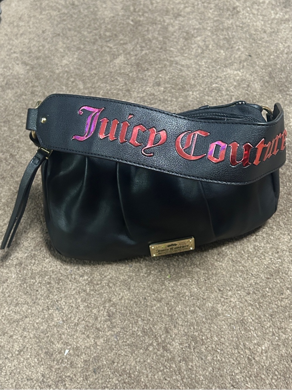 Juicy Couture Black Shoulder Bag with Pink-Red Logo Strap